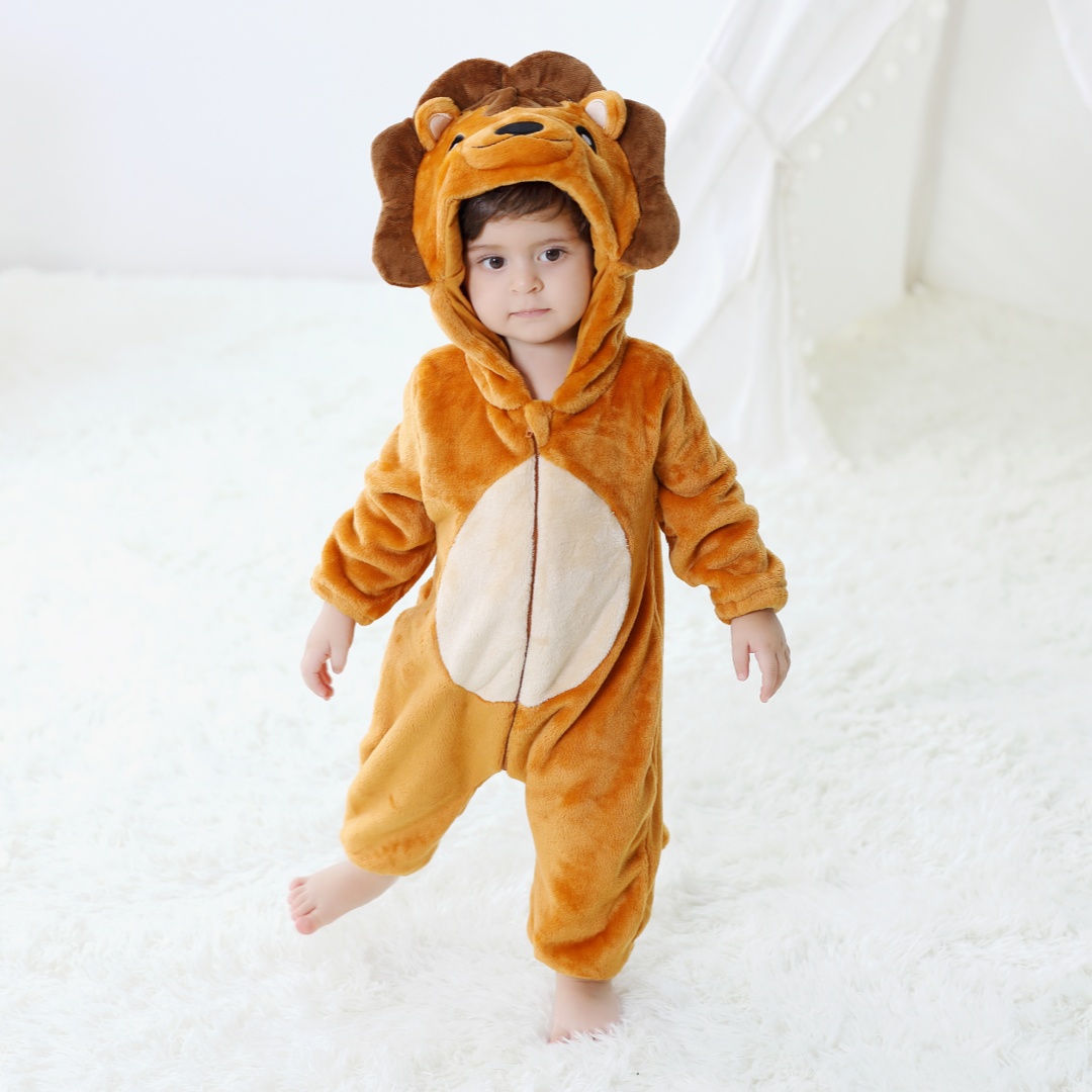 Cotton Baby Onesies Zipper - Bebê recém-nascido bonito leão animal dos